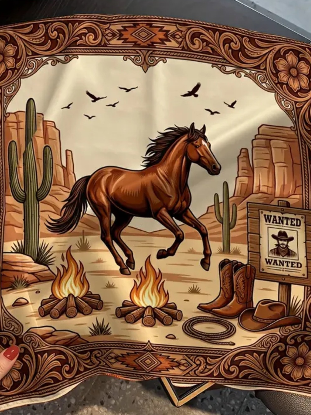 “Wanted” Western Horse Print Scarf in Brown and Cream 17”